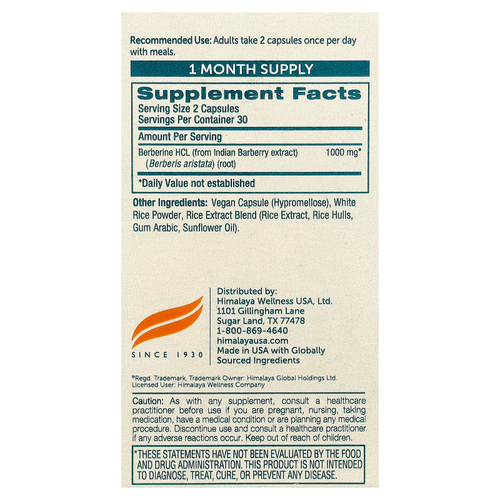 Himalaya, берберин, 60 веганских капсул (500 мг в 1 капсуле)