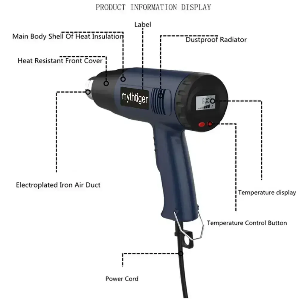 Фен строительный / технический mythtiger с регулировкой температуры (220 В, 2000 Вт, 300-500 л/мин, 100-600 градусов, ЭЛЕКТОРННАЯ РЕГУЛИРОВКА, ЖК-дисплей )