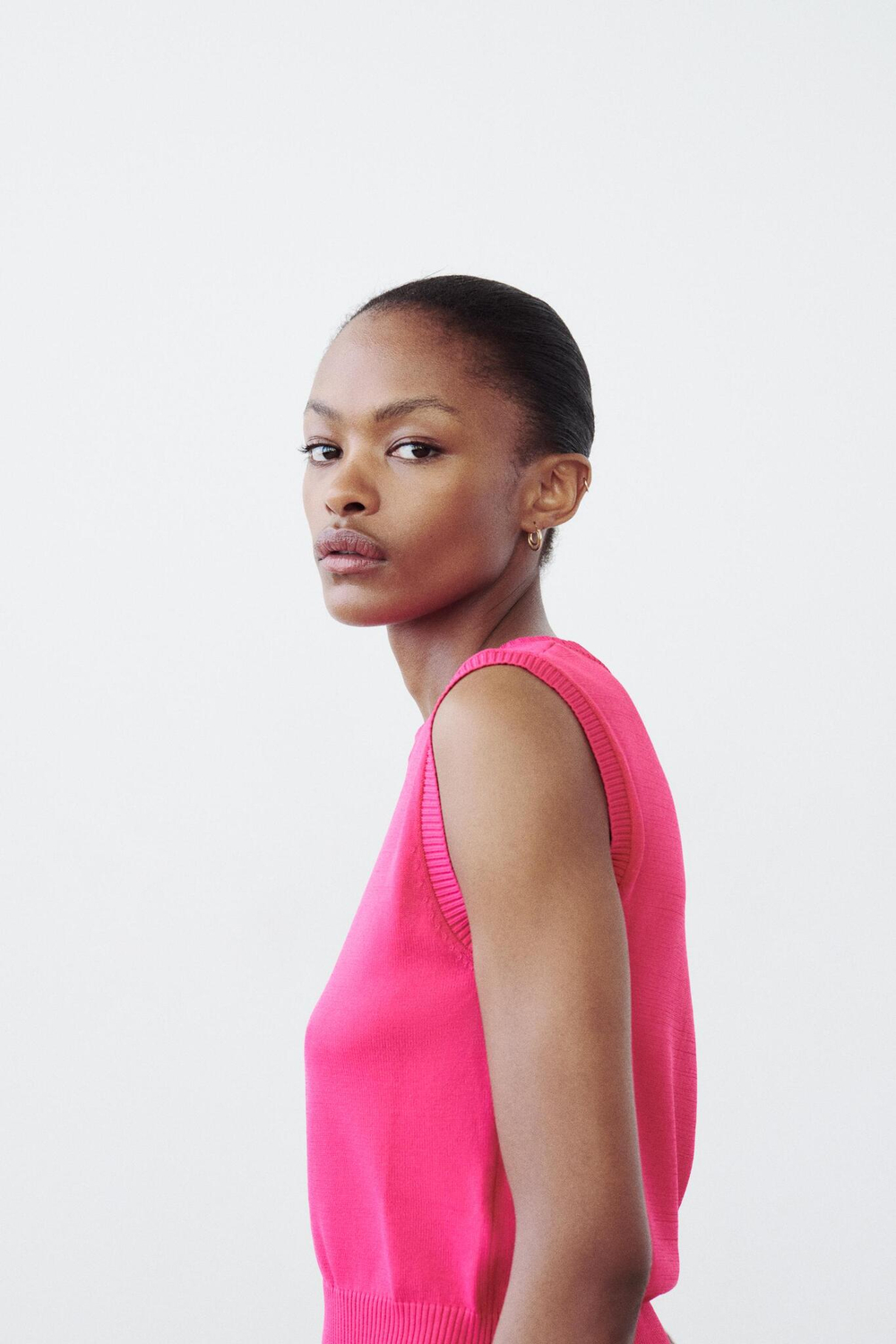 ZARA ОДНОТОННЫЙ ТОП С ОКАНТОВКОЙ В РУБЧИК, ЦВЕТ ФУКСИИ