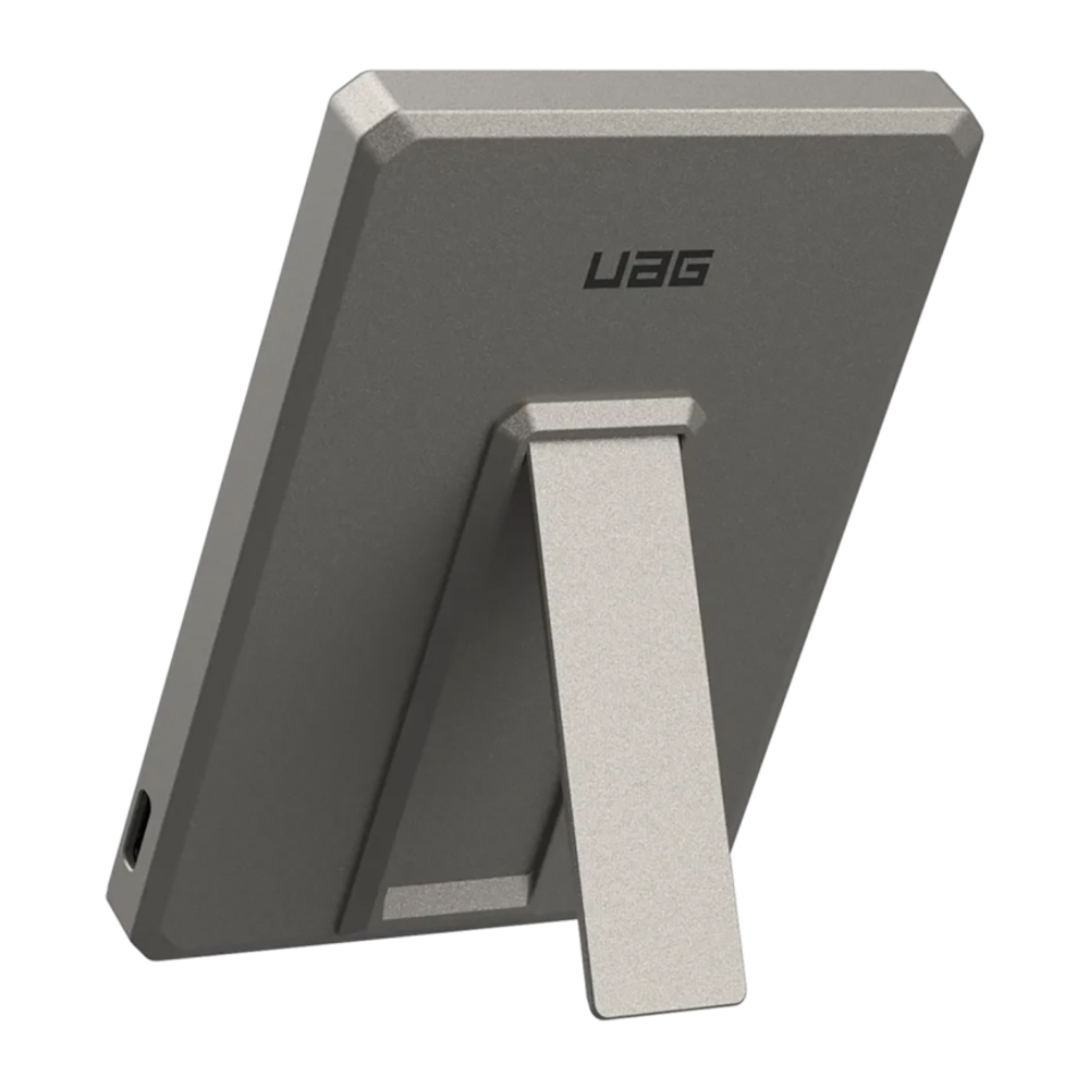 Внешний аккумулятор MagSafe с подставкой UAG SRGE Slim 5K (5000 мА·ч) Беспроводная зарядка: Qi 10 Вт. Проводная зарядка: USB-C. Есть LED-индикация. Энергоёмкость — 18 Вт·ч. Максимальная выходная мощность — 20 Вт