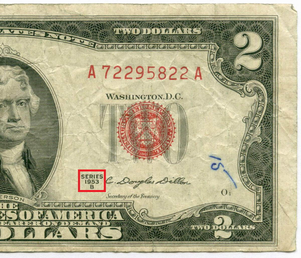 Банкнота США 2 доллара 1953B A 72295822 A. VG (надпись)