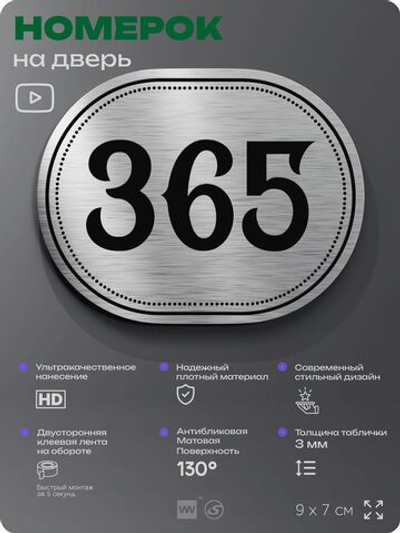 Номерок на дверь квартиры 365, для кабинета, офиса, шильдик 9 х 7 см, брашированная сталь, Айдентика Технолоджи