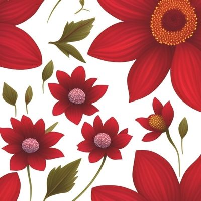 Красные Цветы с Листиками На Белом Фоне