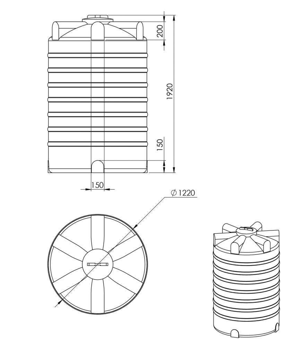 Емкость для технической воды Мультпласт KР-2000 2000 л. вертикальная (1200x1200x1920см;45кг;черный) - арт.552058