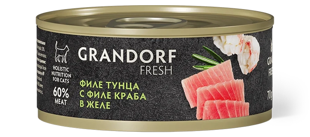 Консервы Grandorf Fresh для взрослых кошек (Филе тунца с филе краба в желе)