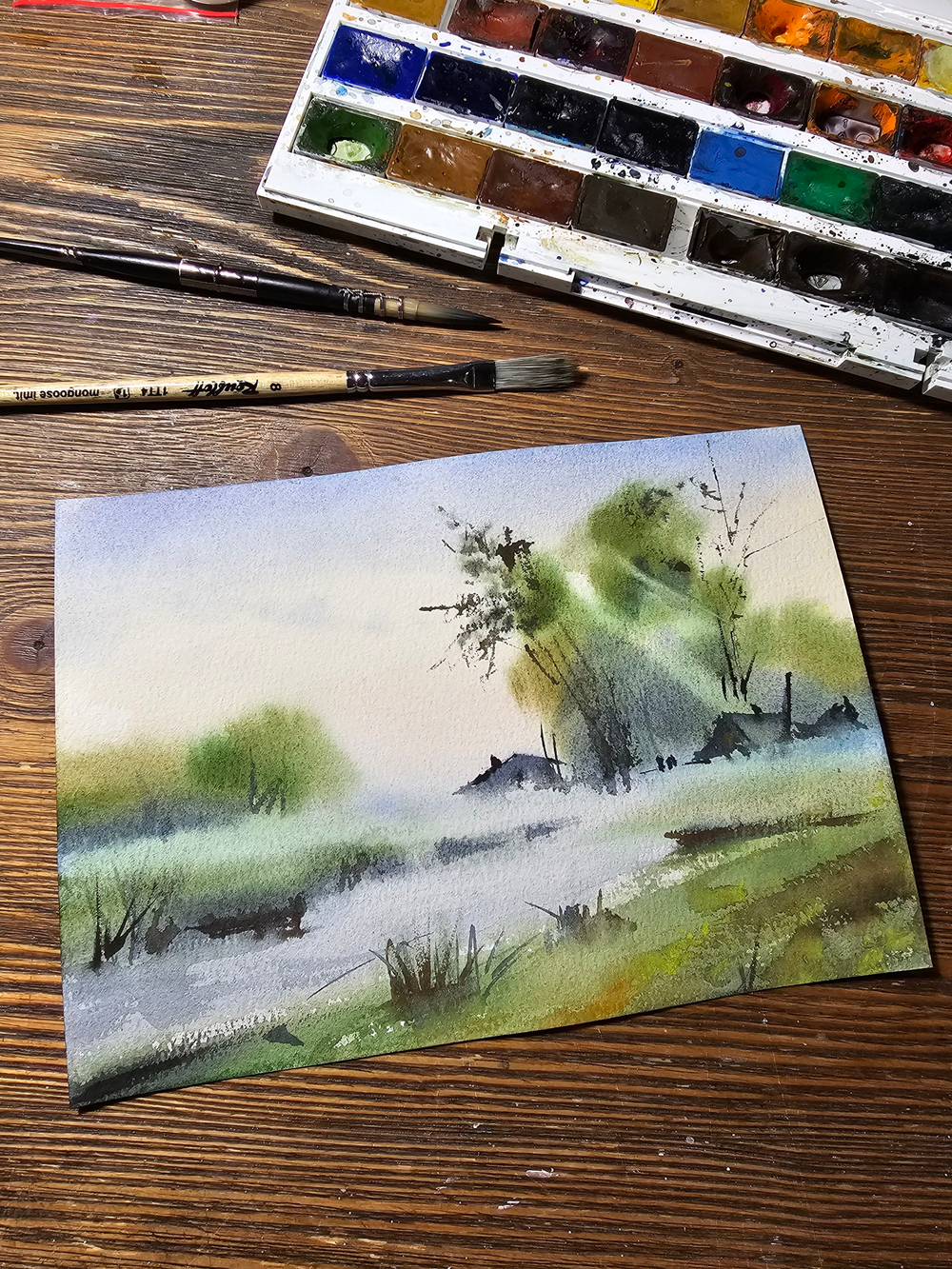 Картина авторская акварельная в паспарту 21х30 см на стену для интерьера "Утро туманное..."