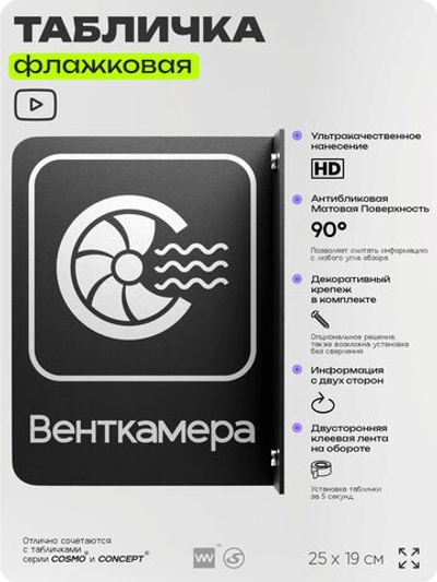 Табличка Венткамера флажковая на стену, двусторонняя с крепежом, 19 х 25 см, для офиса, кафе, отеля, серия COSMO, Айдентика Технолоджи