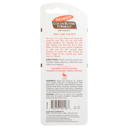 Palmer's for Pets, Cocoa Butter Formula® с витамином E, подушечками для лап и бальзамом для носа, для домашних животных, 14 г (0,5 унции)