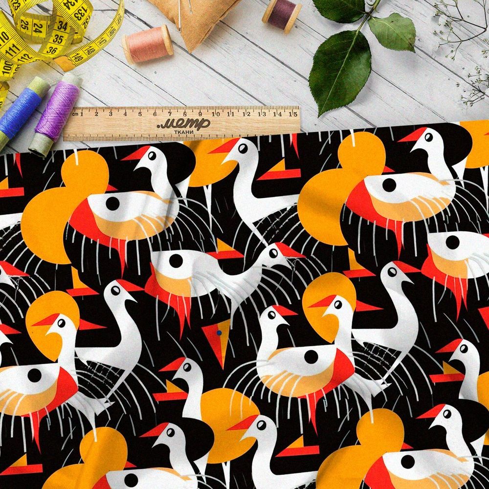 Ткань премиум габардин абстактные гуси