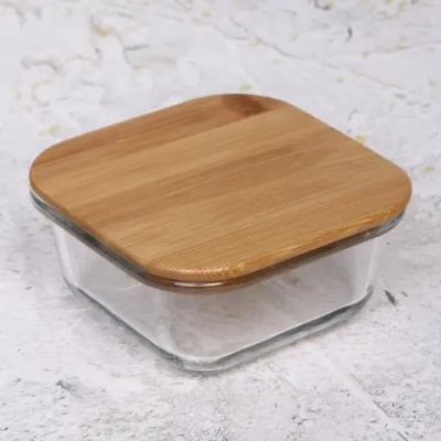 Контейнер стеклянный 300мл «Хай-Тек» квадратный с бамбуковой крышкой