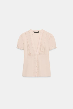 ZARA РУБАШКА ИЗ ПОПЛИНА С ВОЛАНАМИ, ПАСТЕЛЬНО-РОЗОВЫЙ