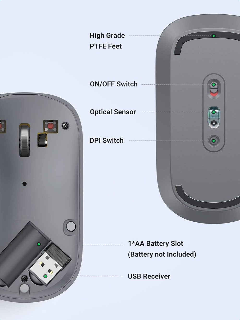 Мышь оптическая беcпроводная MU001, 2.4 GHz, Grey UGREEN 90373