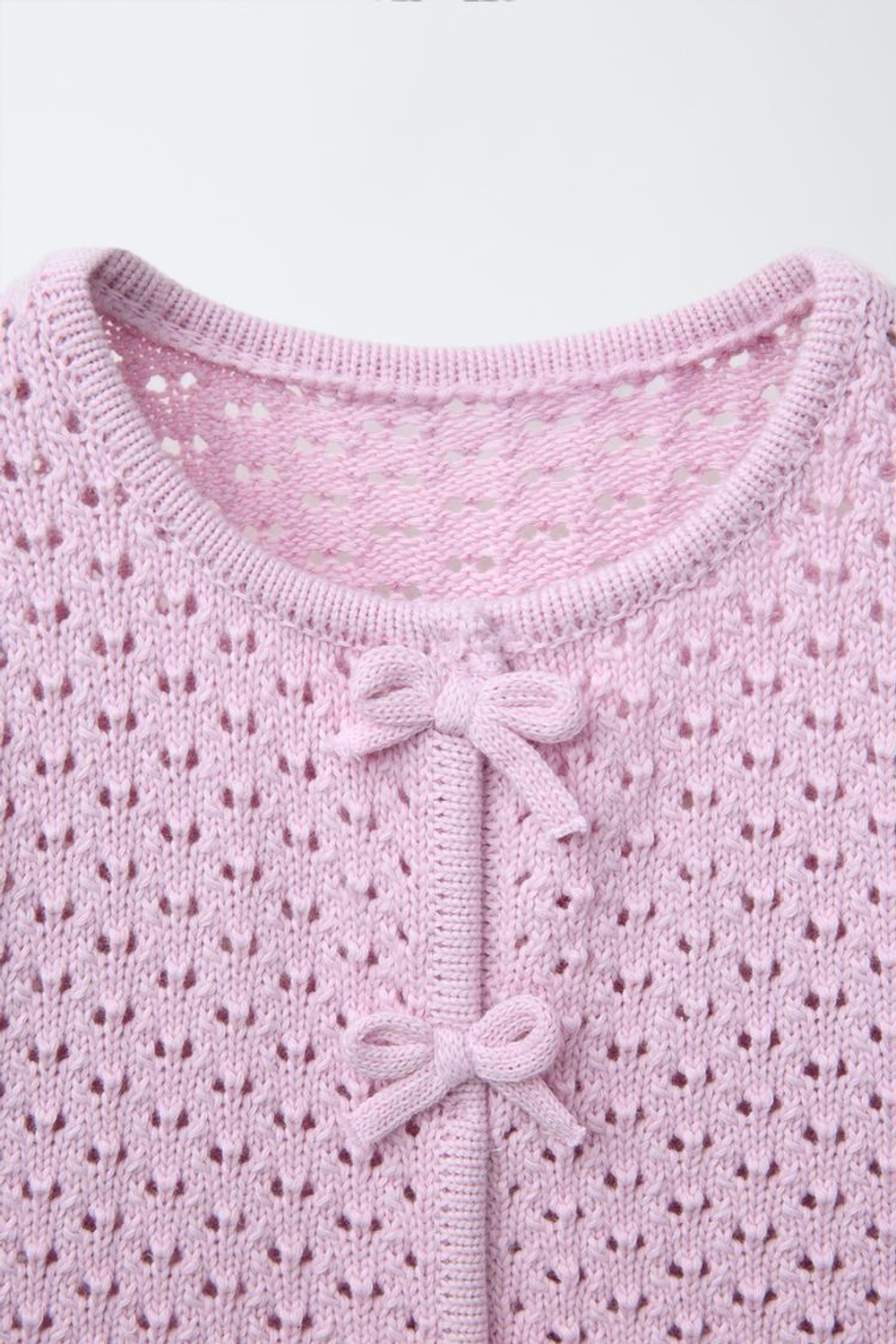 ZARA ВЯЗАНЫЙ КАРДИГАН С БАНТАМИ И КРУЖЕВОМ, РОЗОВЫЙ/ЛИЛОВЫЙ