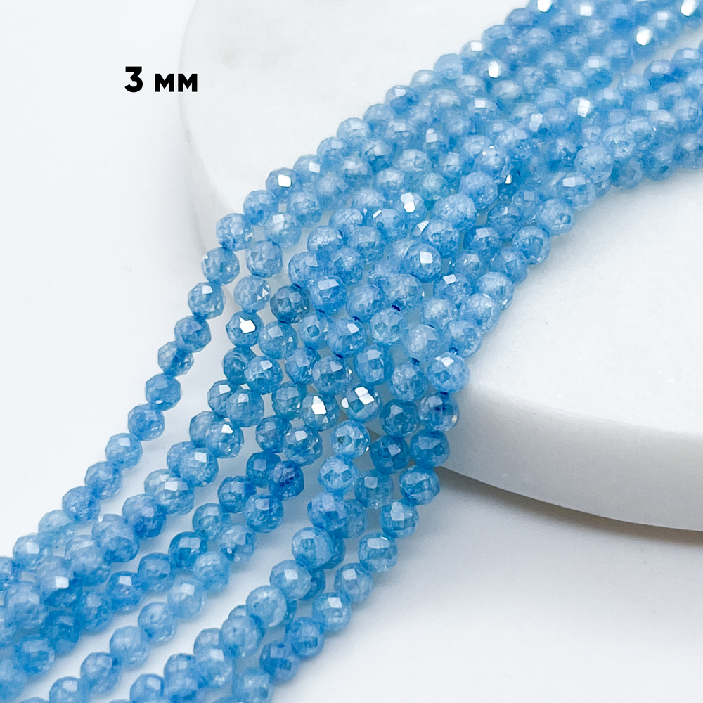 Фианит кракле (кубический цирконий), цвет аквамарин, размер 3 мм, цена за нить около 130 шт (38 см)