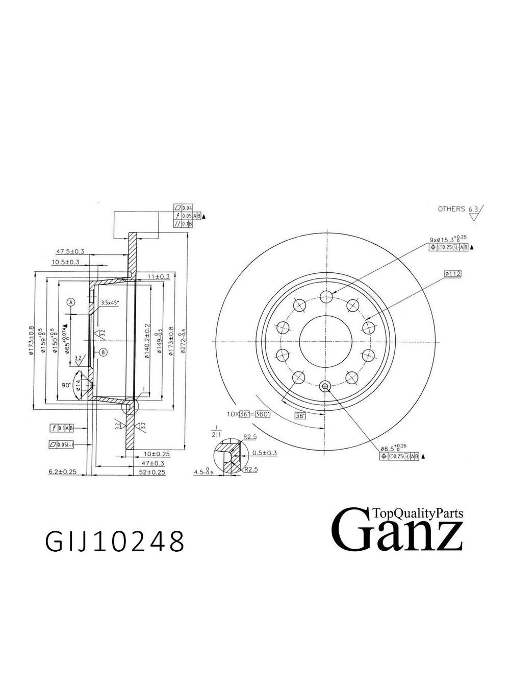 Диск тормозной задний с покрытием VAG A3/OCTAVIA II/VW GOLF VII/JETTA IV/TOURAN II GANZ GIJ10248