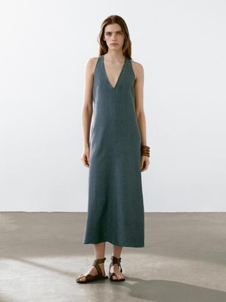 Massimo Dutti Платье из смесового льна с деталью сзади, зеленый