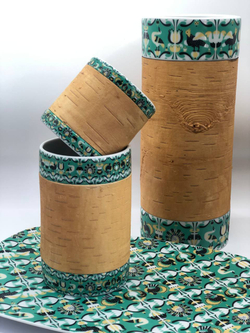 Набор фарфоровой посуды с берестой из 4х изделий (кружка большая, кружка малая, ваза, блюдо). Коллекция  Изразец Коломенское. Птицы. Бревно (Log).