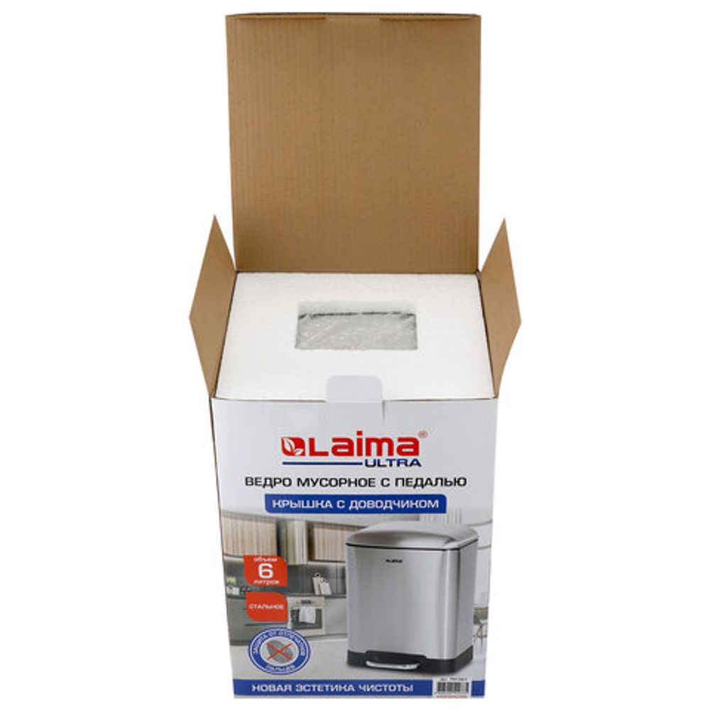 Ведро мусорное с педалью 6 л, крышка с доводчиком, стальное, БЕЗ ОТПЕЧАТКОВ, LAIMA ULTRA, 701567