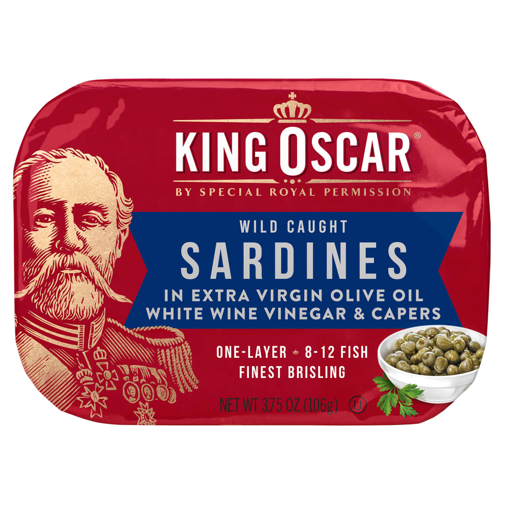 King Oscar, сардины дикого улова, в нерафинированном оливковом масле высшего качества, с белым винным уксусом и каперсами, 106 г (3,75 унции)