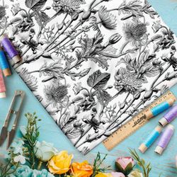 Ткань премиум шелк искусственный Армани графическая ботаника