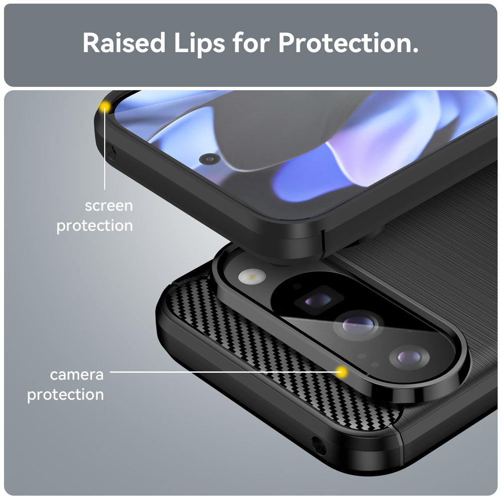 Чехол черного цвета с дизайном под карбон на Google Pixel 10 и 10 Pro, серия Carbon от Caseport