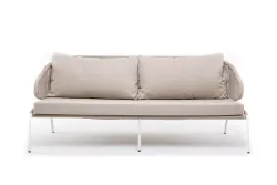 "Милан" диван 3-местный плетеный из роупа, каркас алюминий белый муар, роуп бежевый круглый, ткань бежевая 052