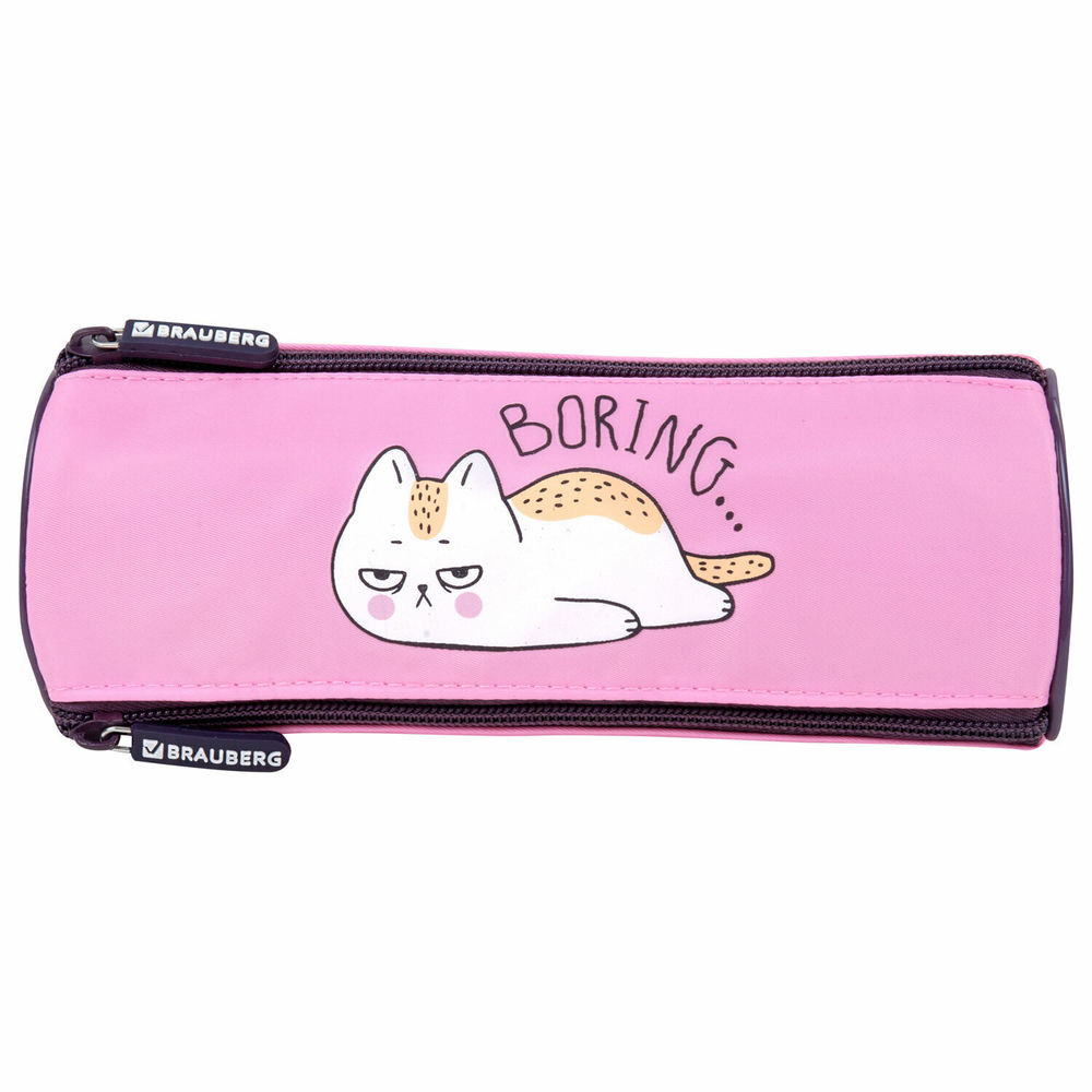 Пенал BRAUBERG 3 отделения нейлон 21х7х7 см "Lazy cat" (2 штуки в упаковке)