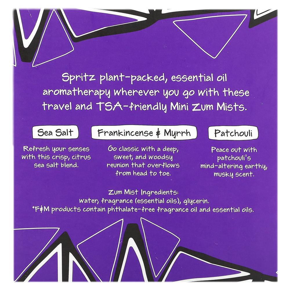 ZUM, Zum Mist, спрей для комнаты и тела для мини-ароматерапии, трио в упаковке, 3 шт., По 59 мл (2 жидк. унц.)