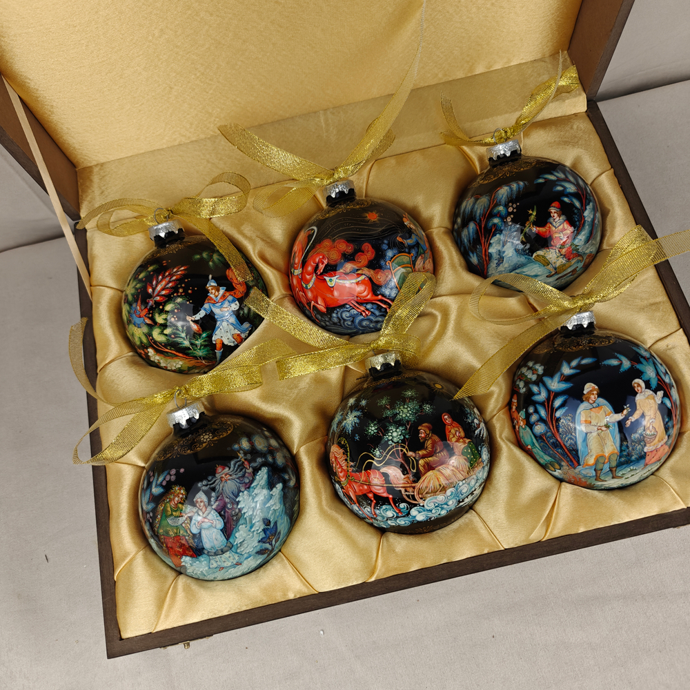 Сувенирный набор из 6-ти коллекционных ёлочных шаров " Сказки" с ручной росписью Палех