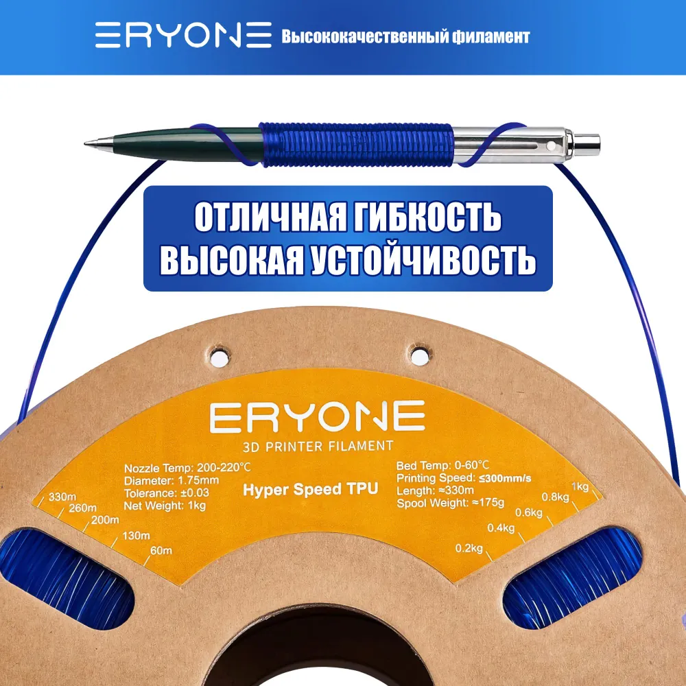 Пластик Hyper Speed TPU 1.75mm, 1KG Transparent Blue (полупрозрачный синий)