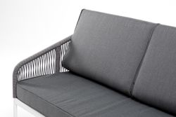 "Канны" диван 3-местный плетеный из роупа, каркас алюминий белый муар, роуп светло-серый круглый, ткань темно-серая 027