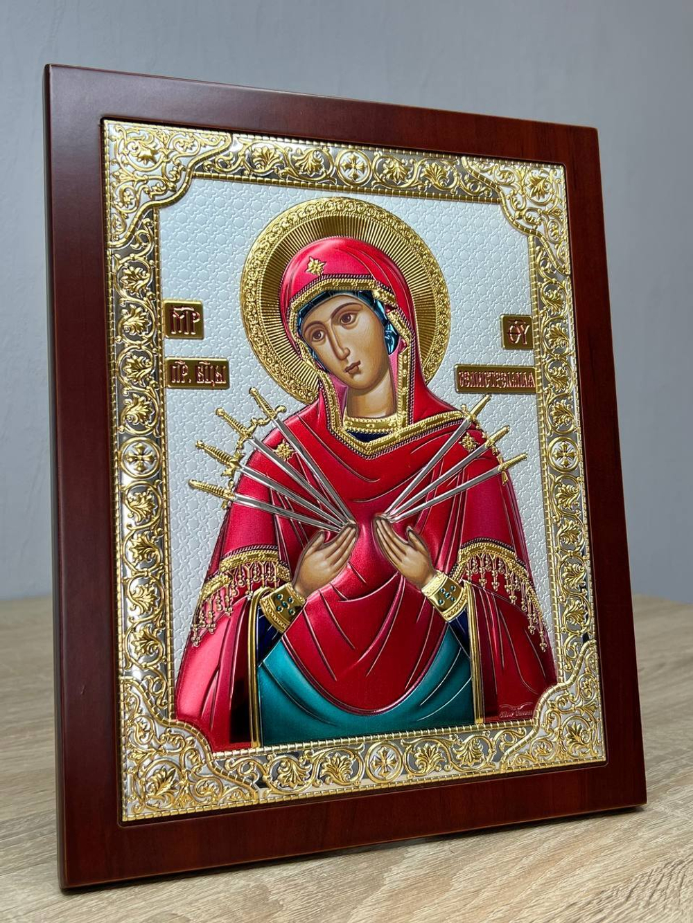 Семистрельная БМ, икона прямоугольная с рамкой, красное дерево, эмаль 210х260