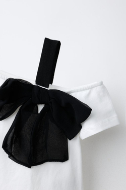 ZARA ФУТБОЛКА С КОРОТКИМИ РУКАВАМИ И БАНТОМ, БЕЛЫЙ