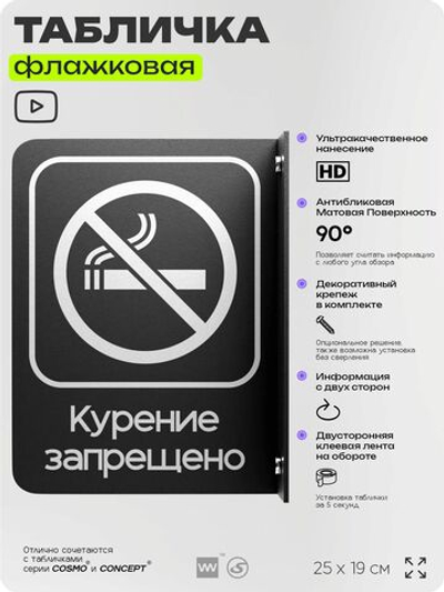 Табличка Курение запрещено флажковая на стену, двусторонняя с крепежом, 19 х 25 см, для офиса, кафе, отеля, серия COSMO, Айдентика Технолоджи