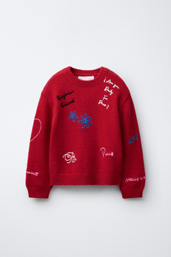 ZARA ВЯЗАНЫЙ СВИТЕР С ВЫШИВКОЙ, КРАСНЫЙ