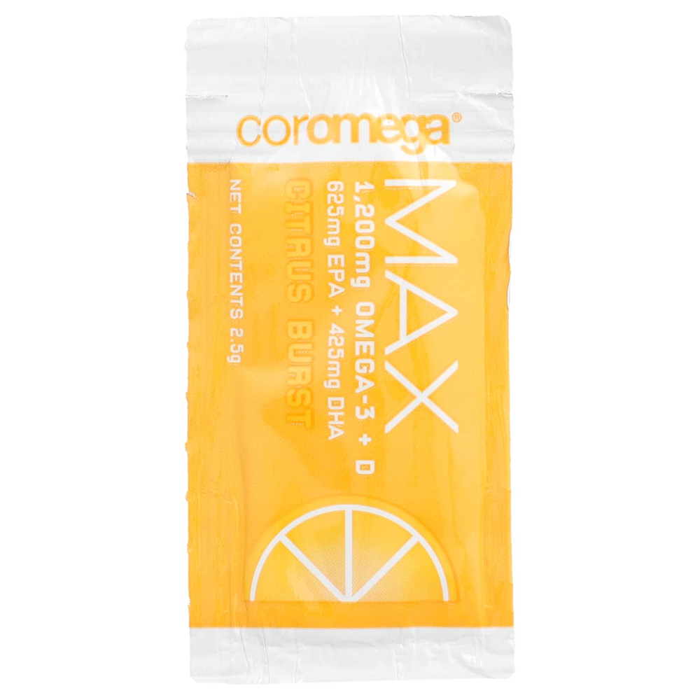 Coromega, Omega-3 Max, высококонцентрированные капсулы с омега-3, цитрусовые, 90 порционных пакетиков, по 2,5 г