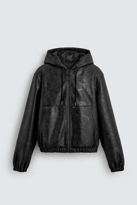 ZARA КУРТКА ИЗ ИСКУССТВЕННОЙ КОЖИ С КАПЮШОНОМ, ЧЕРНЫЙ
