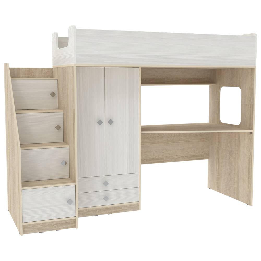 Кровать-чердак КарИВи Л-А606.3 75x175 Дуб Сонома Белое Дерево
