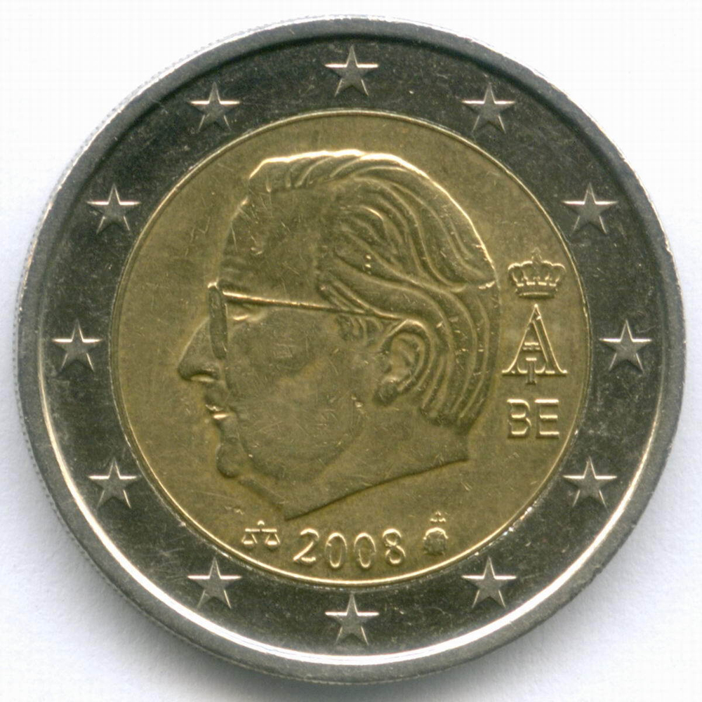 2 евро 2008 год. Бельгия. Регулярный выпуск. Тип 3. Биметалл XF-AU