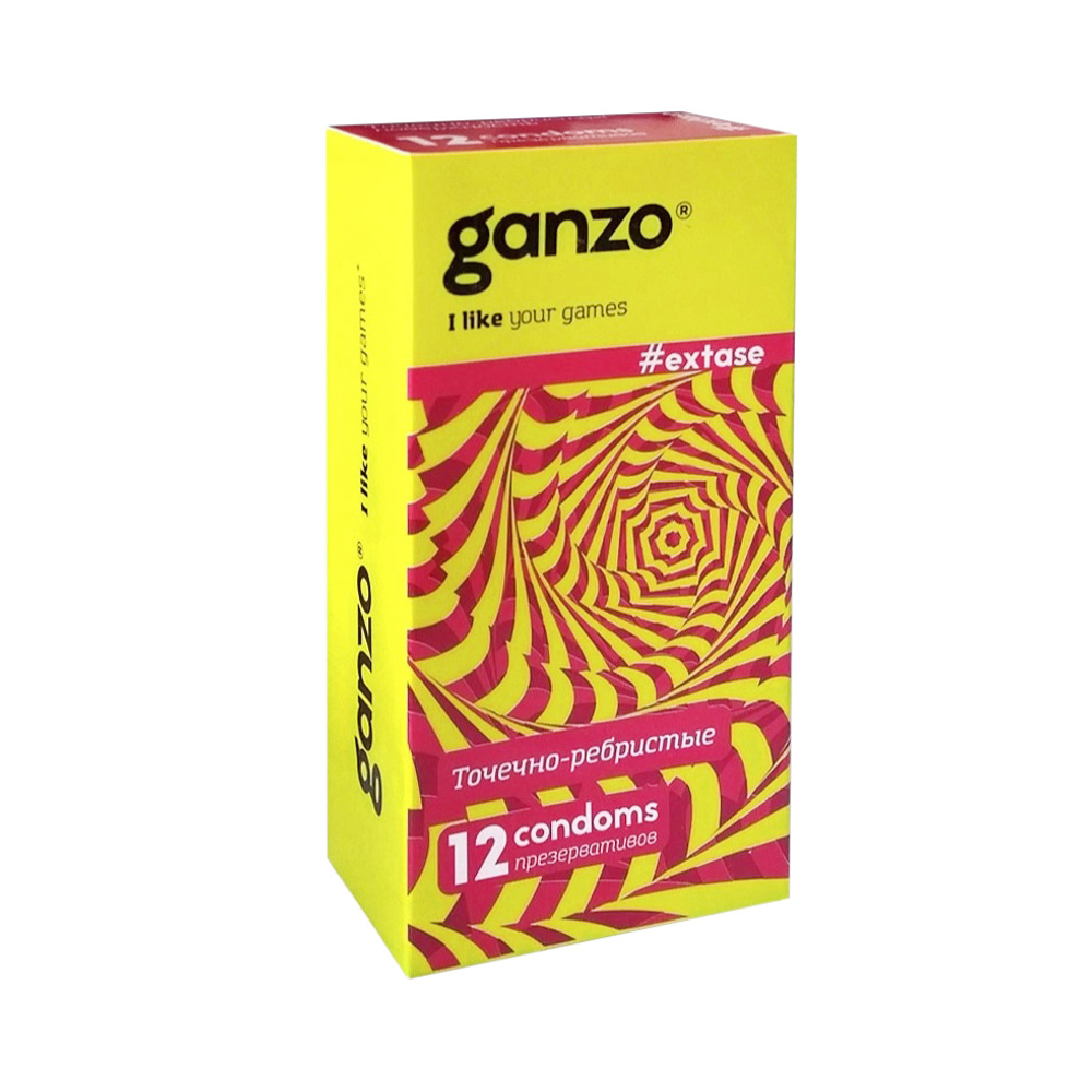 Презервативы Ganzo Extase, с точечно-ребристой поверхностью, анатомической формы, латекс, 18см, 12шт