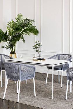 "Малага" обеденная группа на 4 персоны со стульями "Марсель", каркас белый, роуп светло-серый