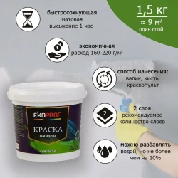 Краска Фасадная Akrimax 1,5 кг, атмосферостойкая, влагостойкая для наружных и внутренних работ, без запаха водно-дисперсионная, акриловая, матовая, белый