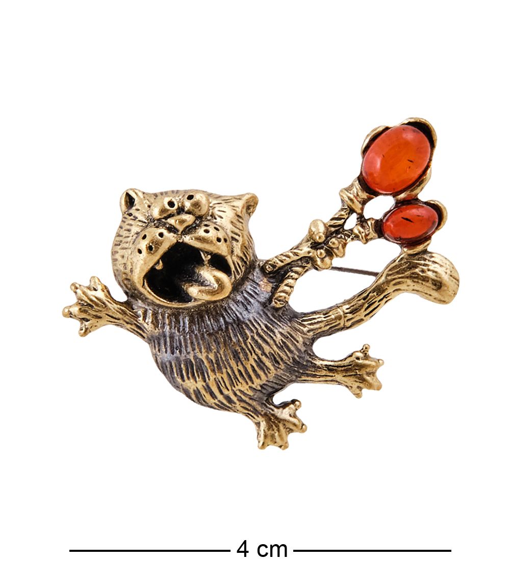 AM-2580 Брошь «Кот Первомай» (латунь, янтарь)