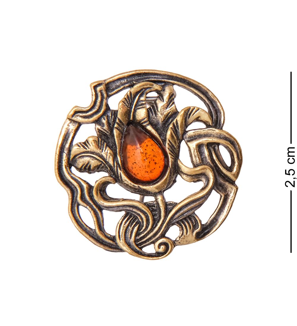 AM-3505 Брошь «Узор Капля» (латунь, янтарь)