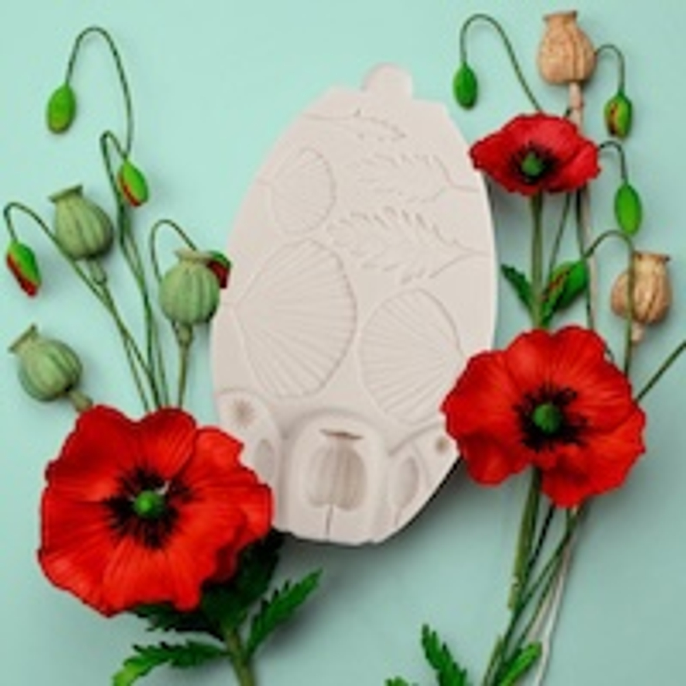 Силиконовый молд "Цветки, листья, коробочкии бутоны мака".