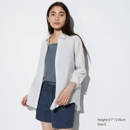 UNIQLO РУБАШКА В ПОЛОСКУ ИЗ 100% ЛЬНА ПРЕМИУМ-КЛАССА, СВЕТЛО-СЕРЫЙ