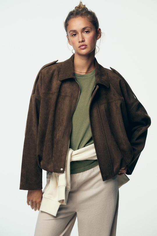 ZARA БОМБЕР ПОД ЗАМШУ, ТЕМНО-КОРИЧНЕВЫЙ