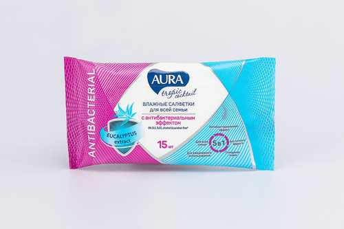 Салфетки влажные 15 шт., AURA Tropic Cocktail, c антибактериальным эффектом