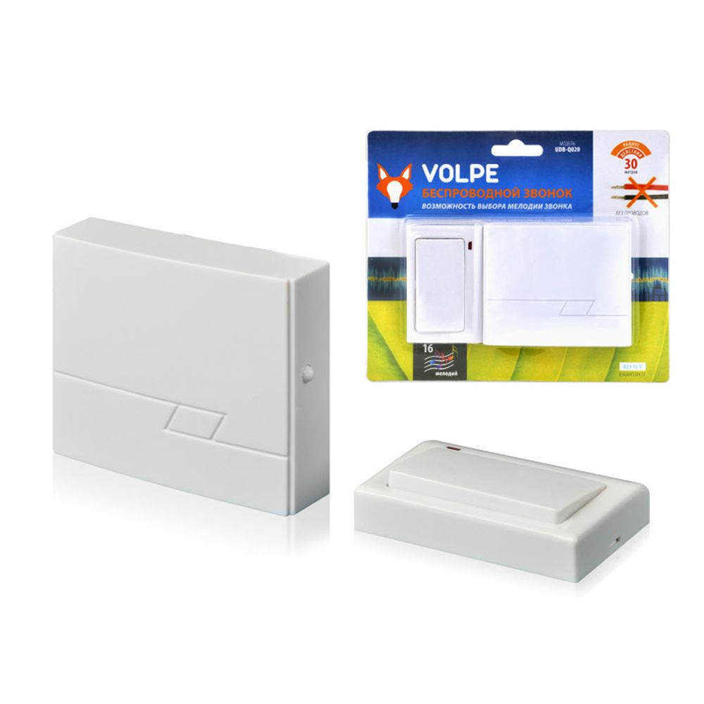 Звонок беспроводной ТМ Volpe UDB-Q020 W-R1T1-16S-30M-WH 36 мелодий. Радиус действия 30 метров. Блистерная упаковка. Цвет-белый