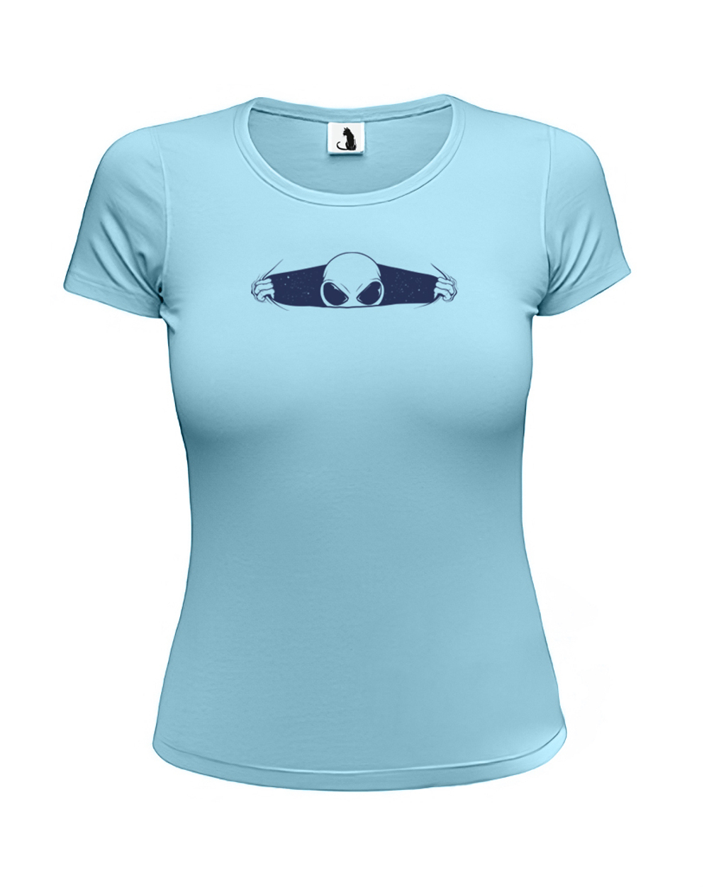 Футболка с инопланетянином женская приталенная голубая с синим рисунком